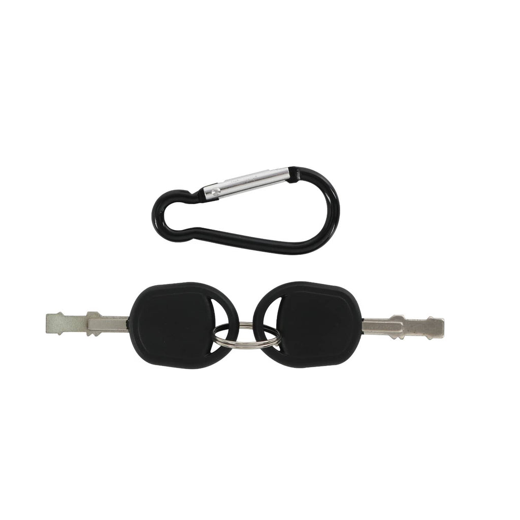 Ignition switch with two keys and black wire connector, key ring attached