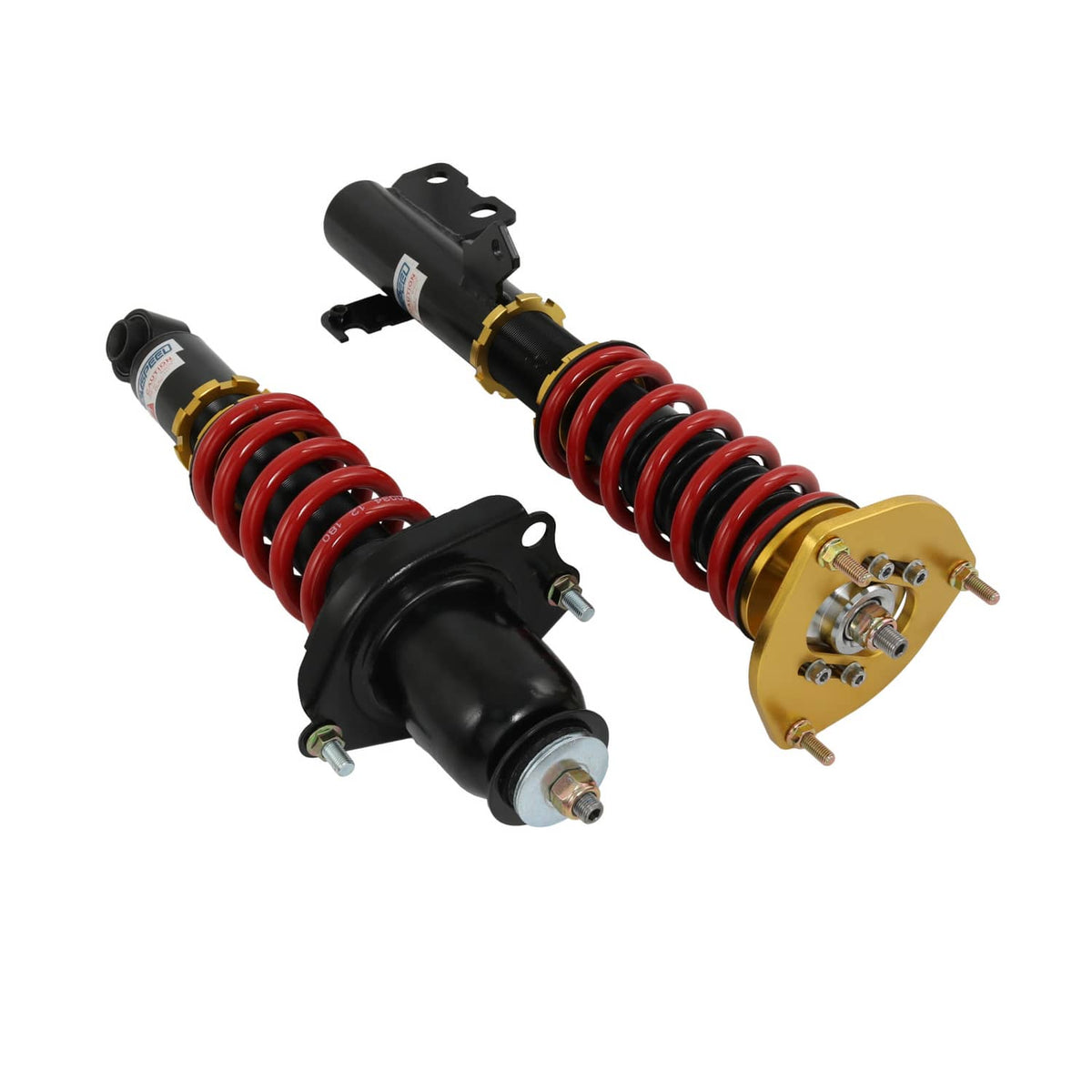 Close-up pair of adjustable coilovers with black bodies, red springs, and gold hardware