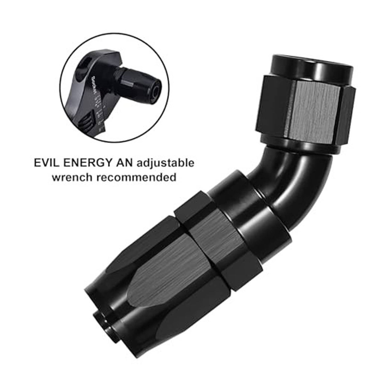 45-degree swivel AN hose end fitting, black aluminum, angled design for routing