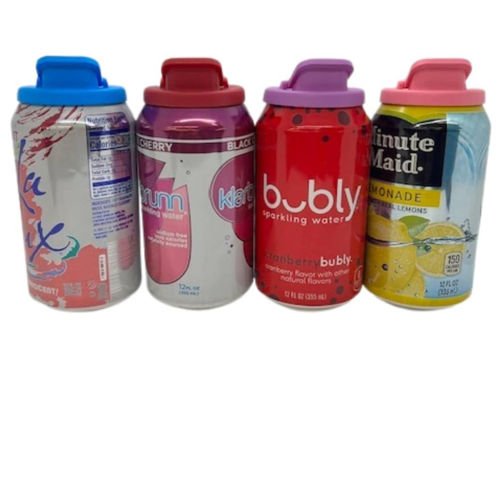 Four beverage can covers on standard cans with blue, maroon, purple, and yellow lids