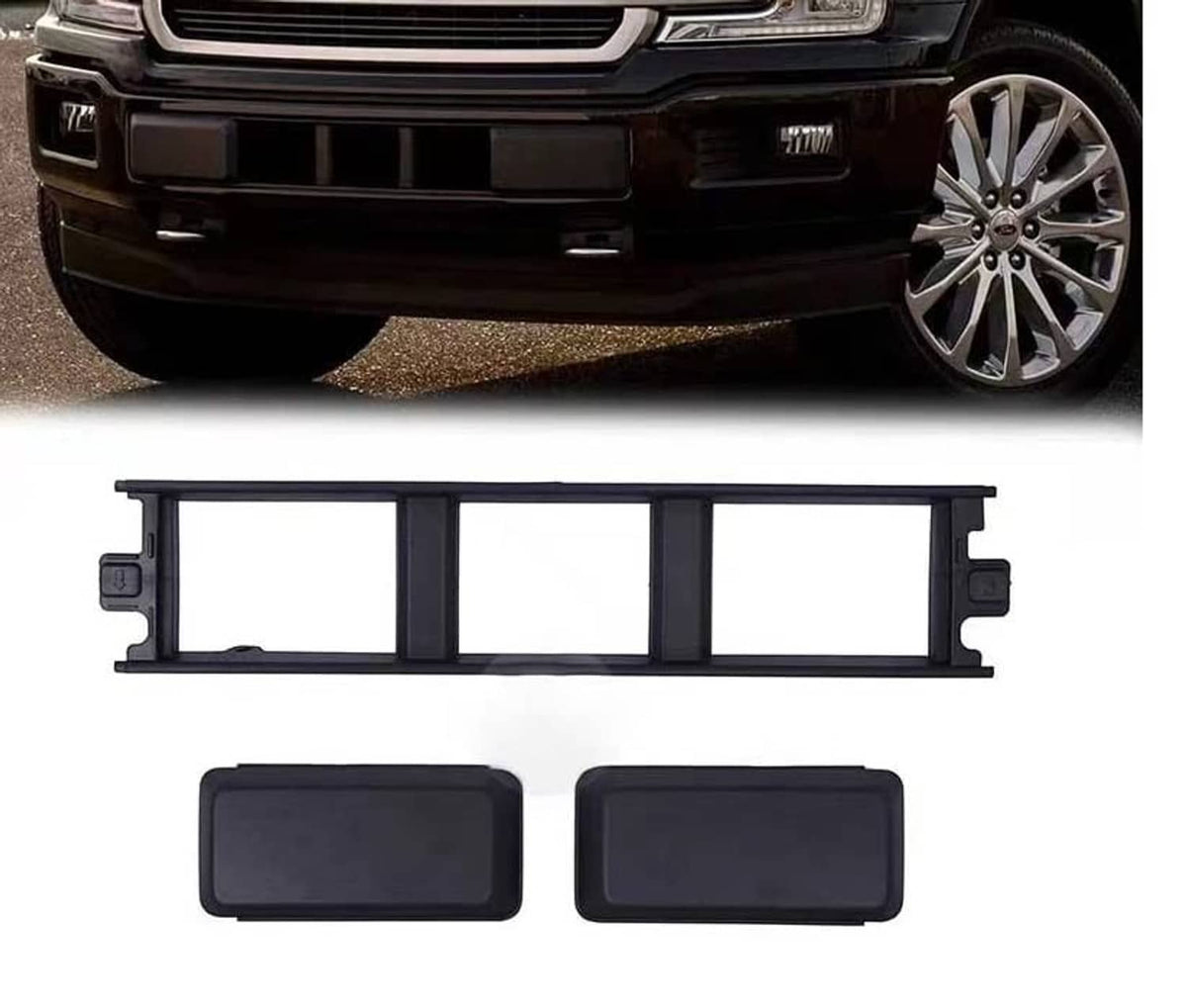 Front bumper lower grille trim panel with black plastic frame and pair of cover inserts