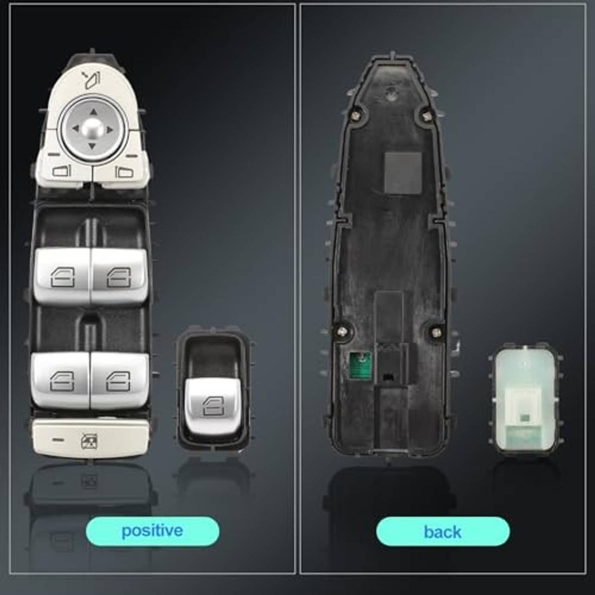 Power window switch kit showing front switch layout, back housing, and connector piece