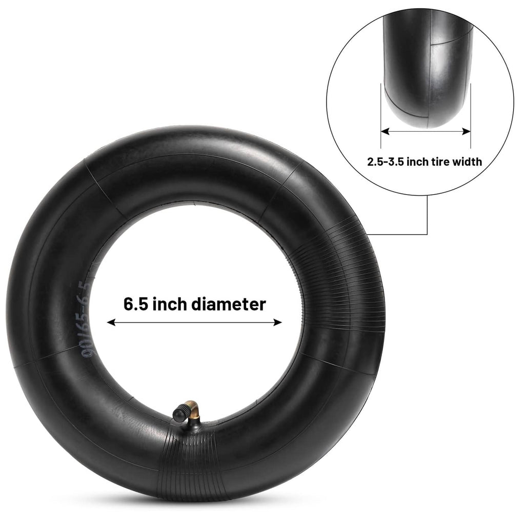 Black inner tube with visible 6.5 in diameter and 2.5–3.5 in width specs