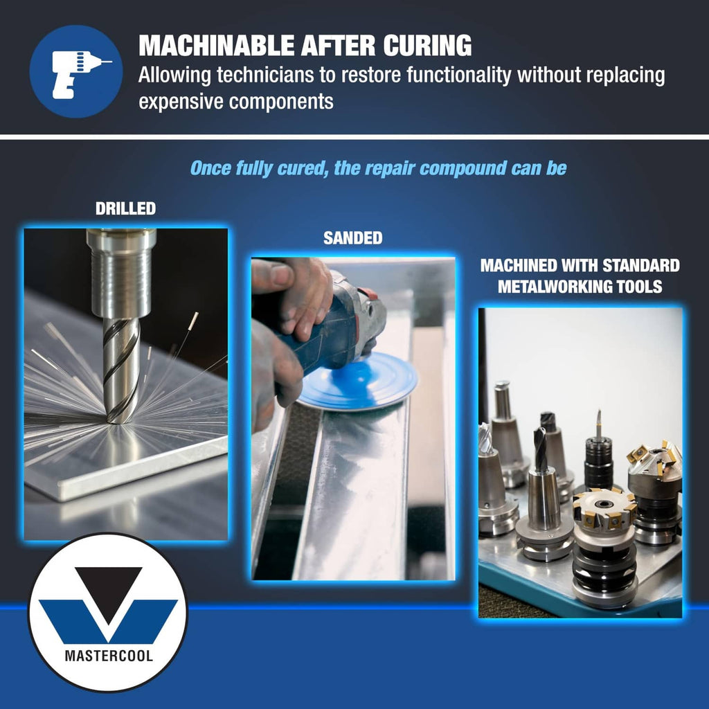 Mastercool ALUM-BOND aluminum repair compound infographic with tubes shown at lower left