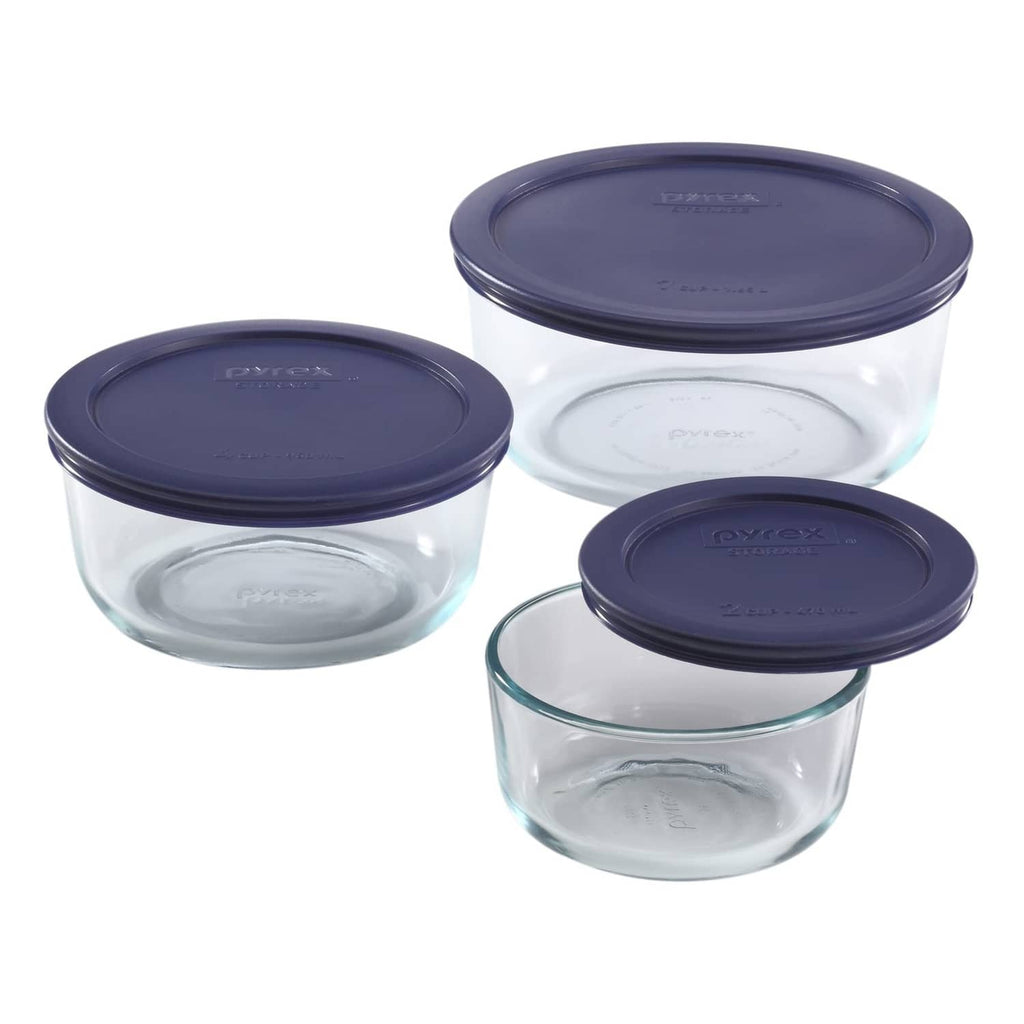 Set of 3 clear glass food storage containers with navy-blue locking lids