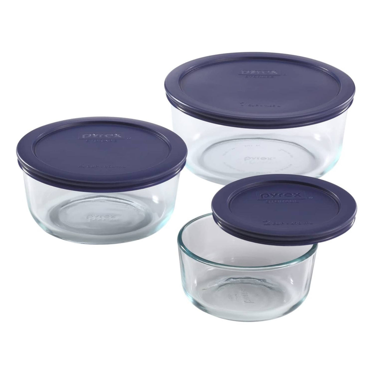 Set of 3 clear glass food storage containers with navy-blue locking lids