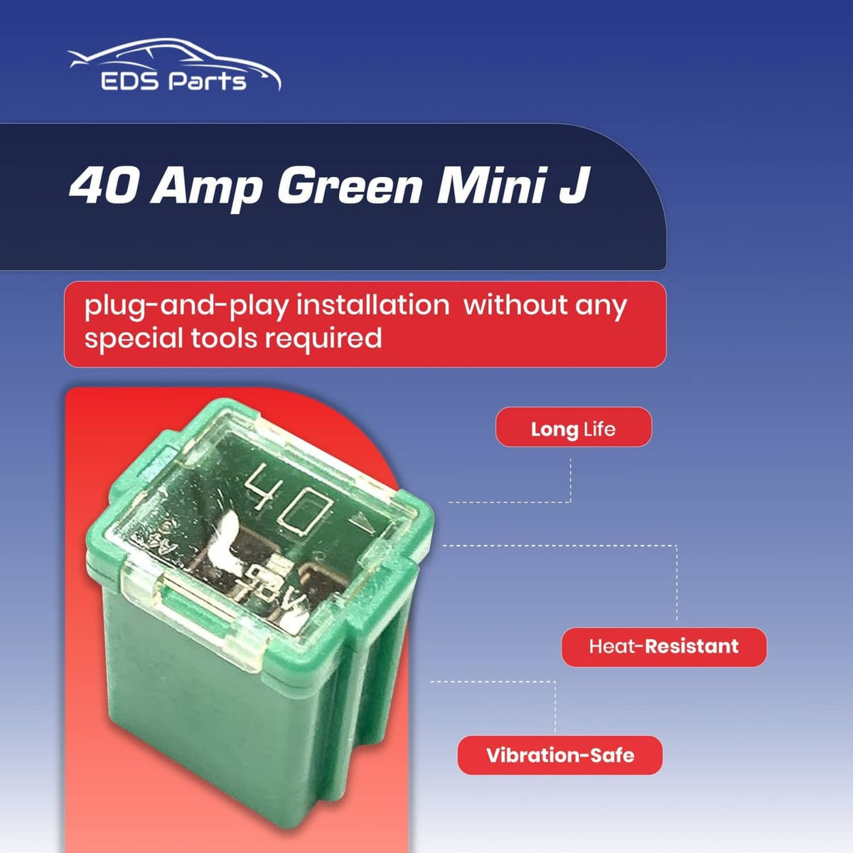 Green 40 amp mini J-case fuse with transparent top and blade terminals