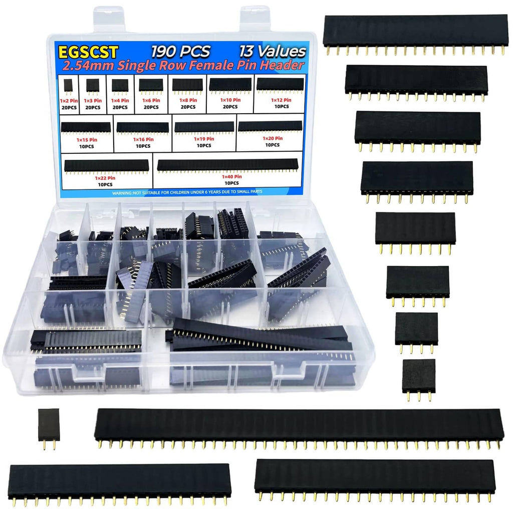 EGSCST 2.54mm single-row female pin header set, 190-piece assortment in clear organizer