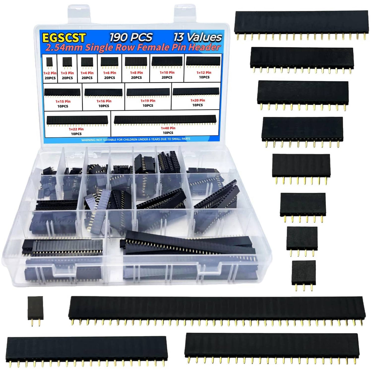 EGSCST 2.54mm single-row female pin header set, 190-piece assortment in clear organizer
