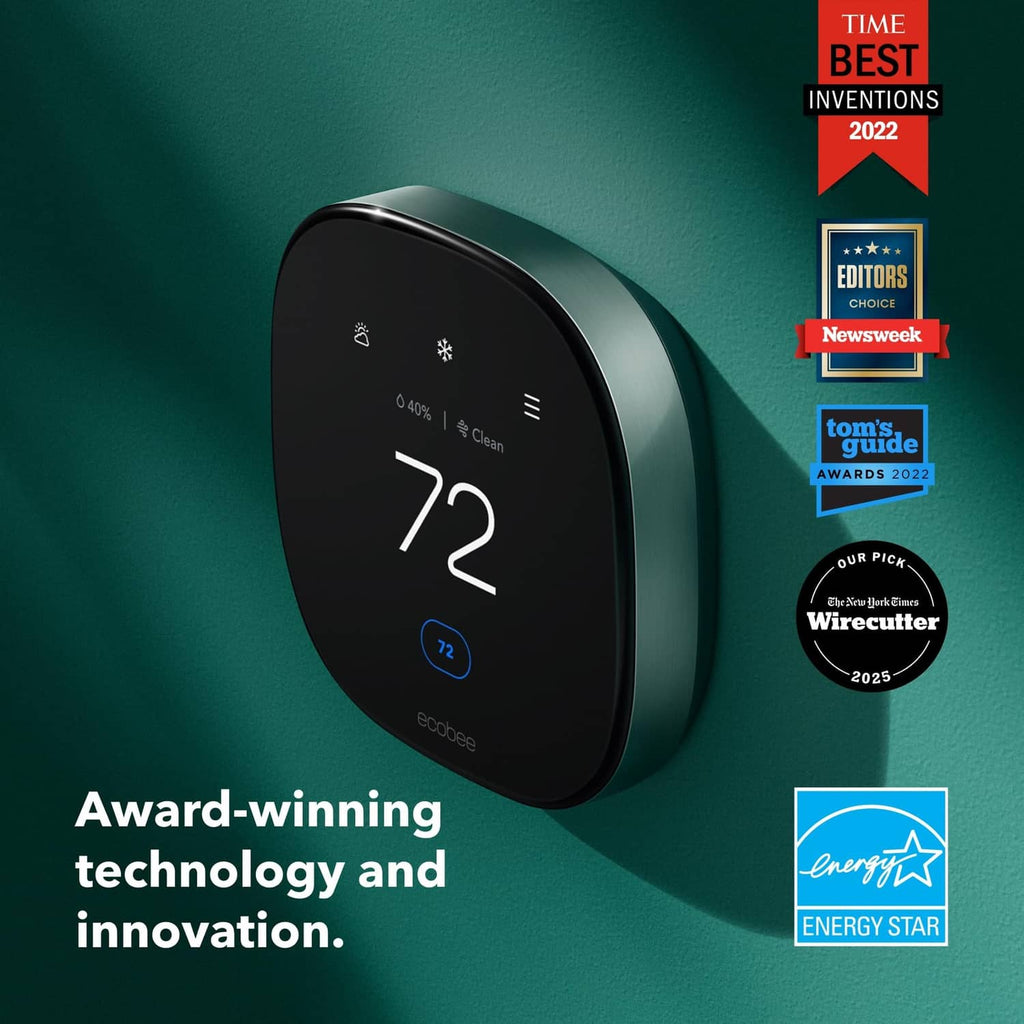 Black smart thermostat with 72° touchscreen on a wall mount