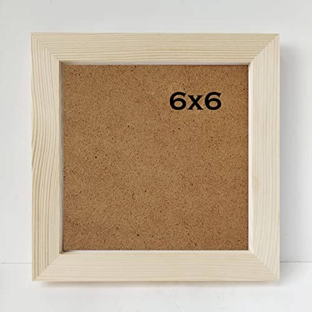 6x6 square solid wood photo frame, front view with cork backing and size marking
