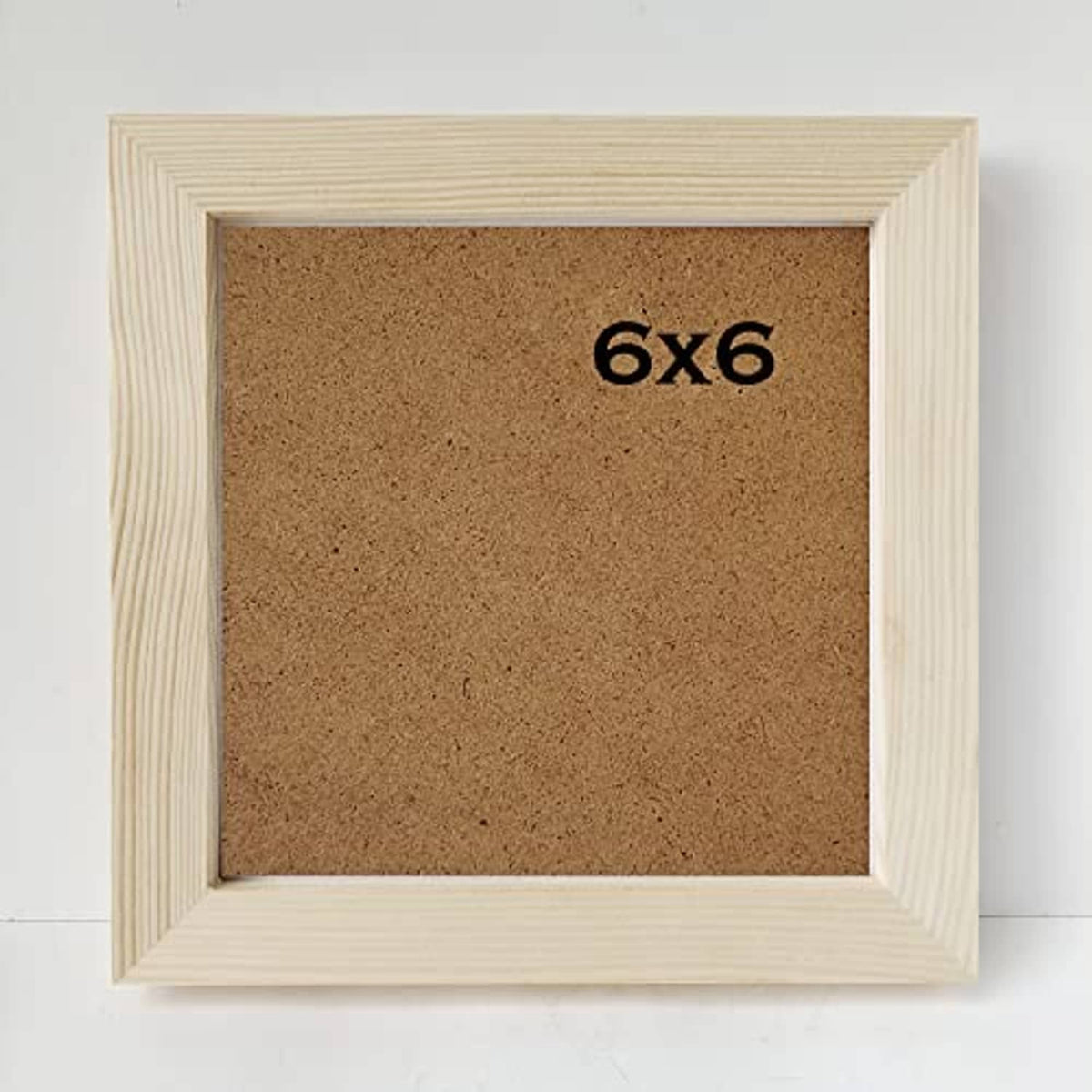 6x6 square solid wood photo frame, front view with cork backing and size marking