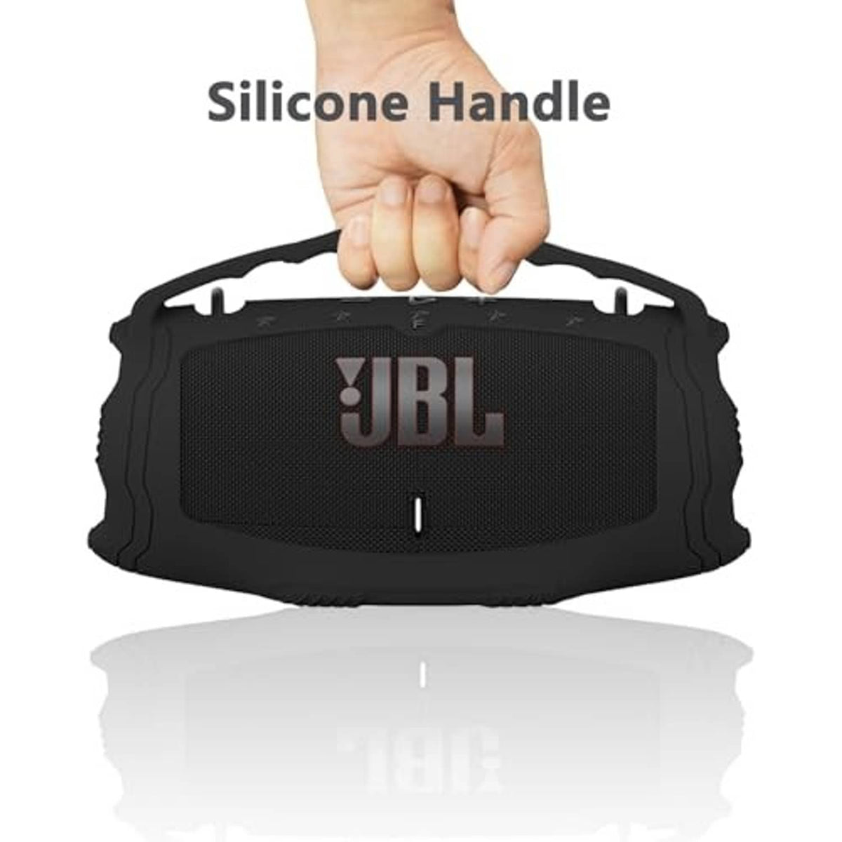 Black silicone speaker case with top handle, JBL logo, and textured grip