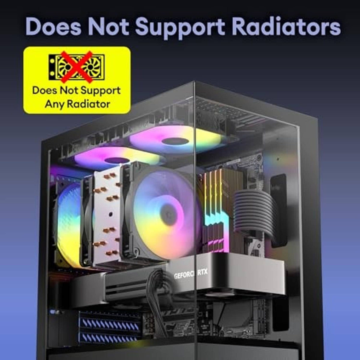 Micro ATX PC case with tempered glass side showing RGB fans and stacked cooling space
