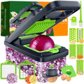 Green and black 12-in-1 vegetable chopper with multiple blades and container attachments