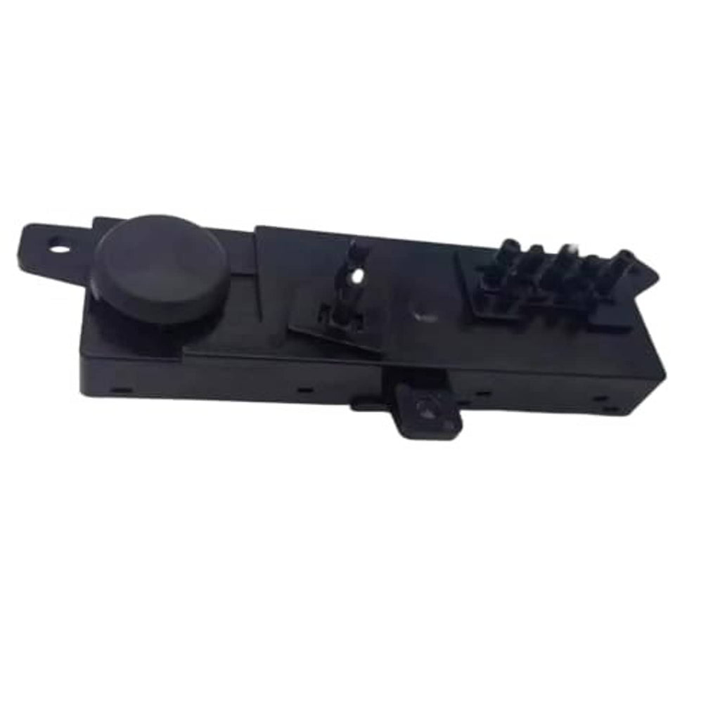 Black power seat switch module side view, with control button and mounting clips