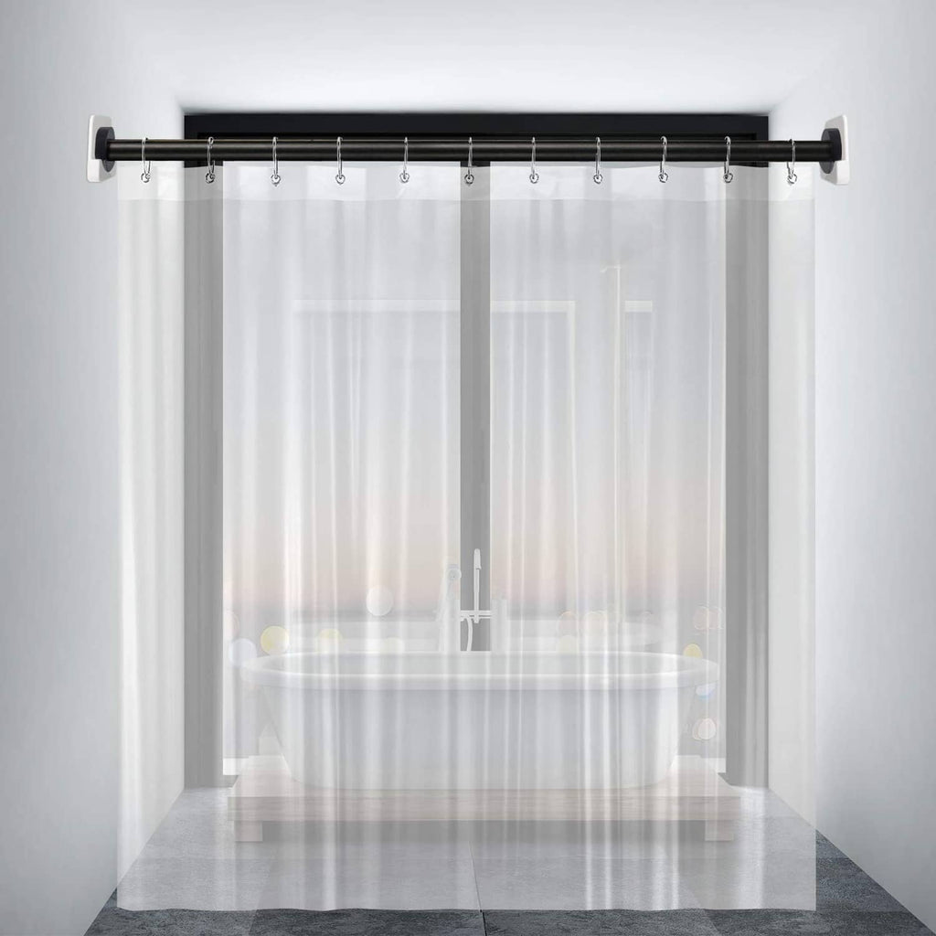 Shower curtain rod with multiple rings hanging from a dark wall-mounted bar