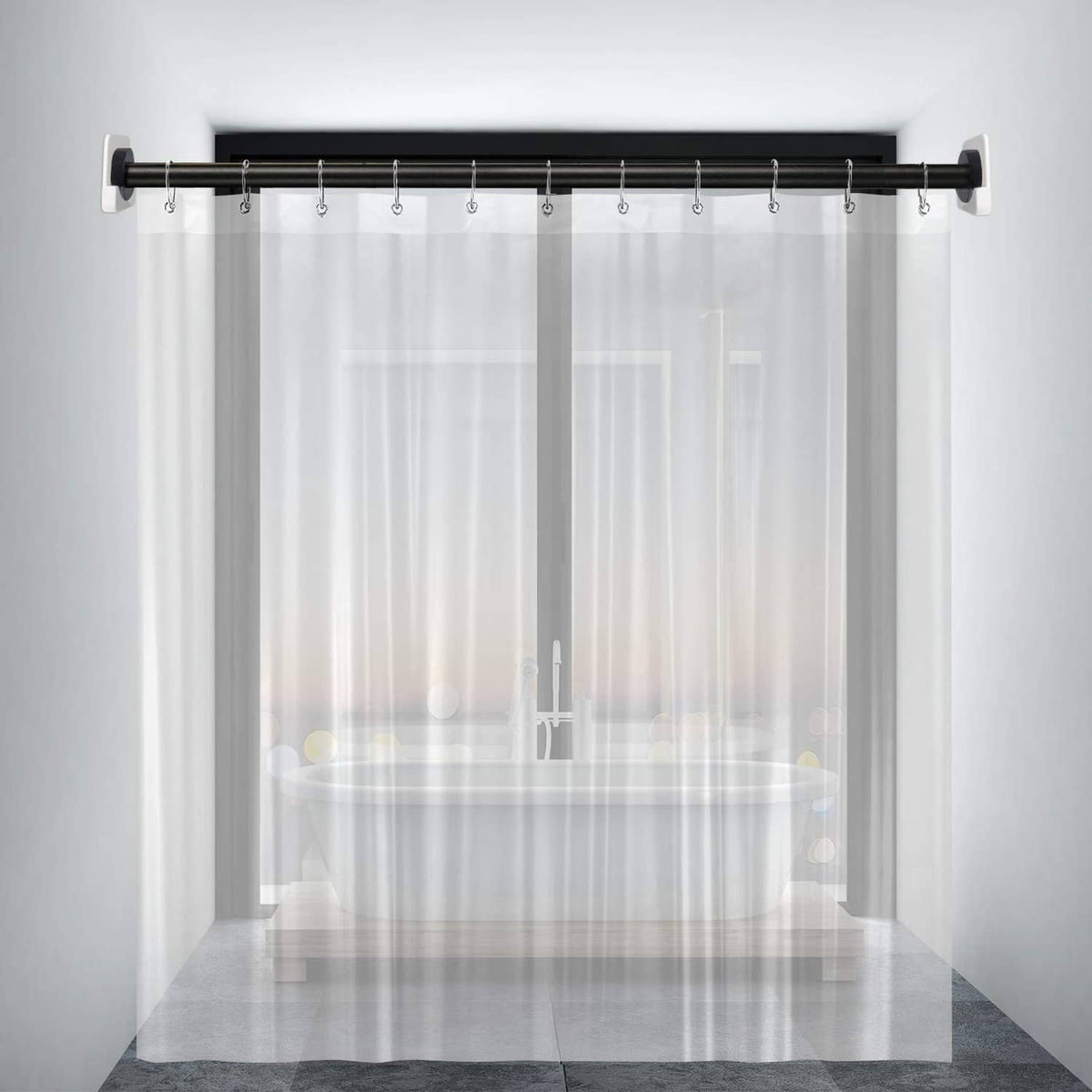 Shower curtain rod with multiple rings hanging from a dark wall-mounted bar