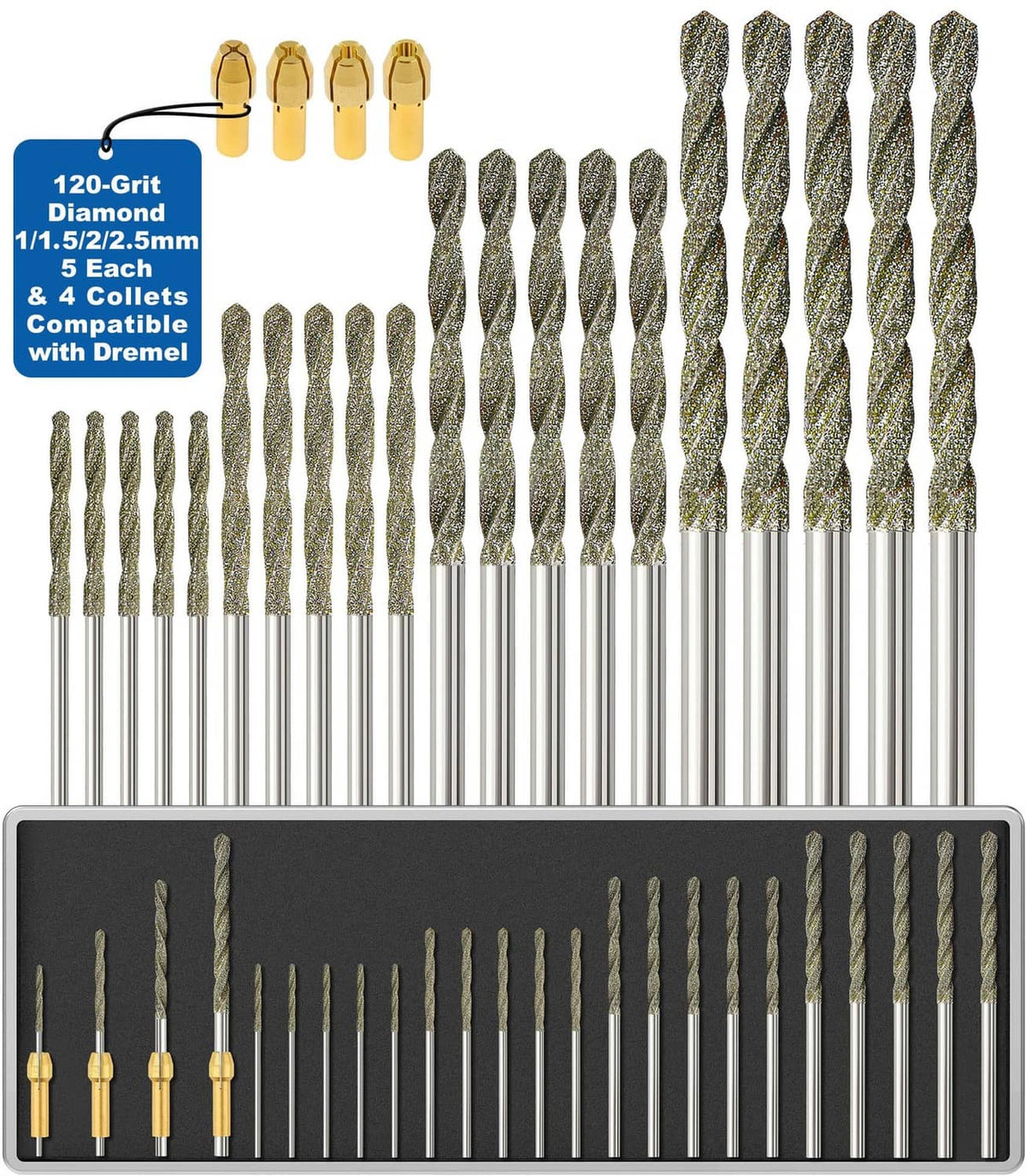 Diamond drill bit set in storage tray with brass collets and 1.0–2.5 mm bits