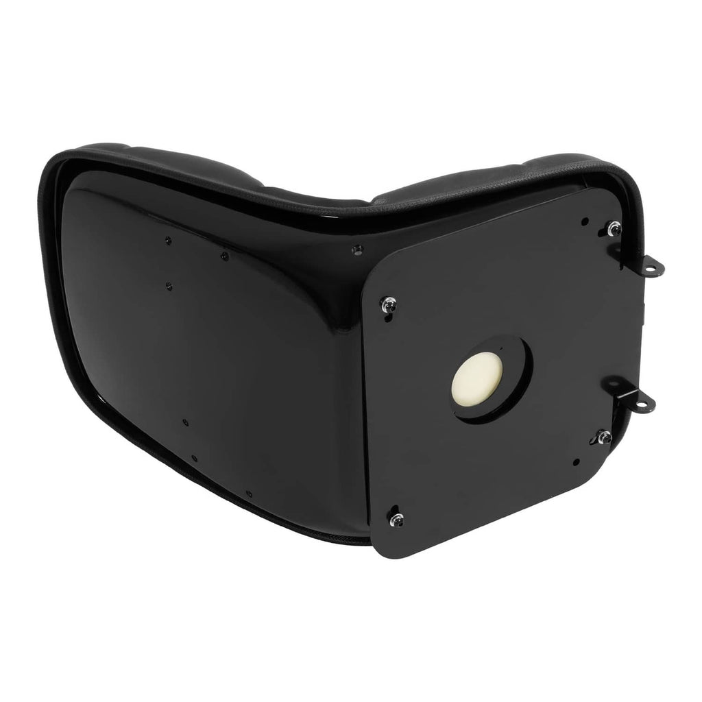 Black tractor seat side panel with mounting holes and circular emblem, hardware at edges.