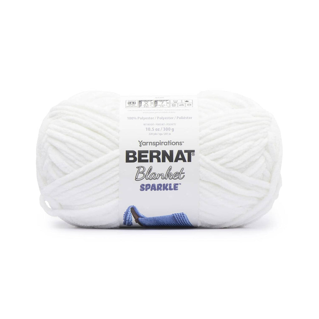 Super bulky yarn ball in white with Bernat Blanket Sparkle label