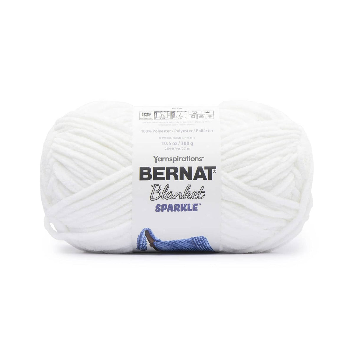 Super bulky yarn ball in white with Bernat Blanket Sparkle label