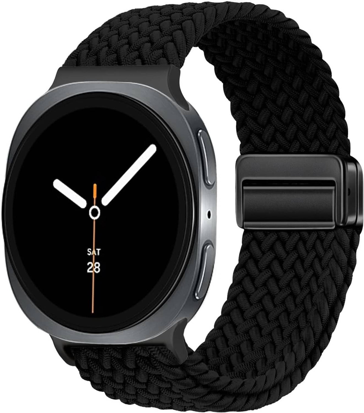 Black braided watch band with magnetic clasp and round smartwatch face, close-up
