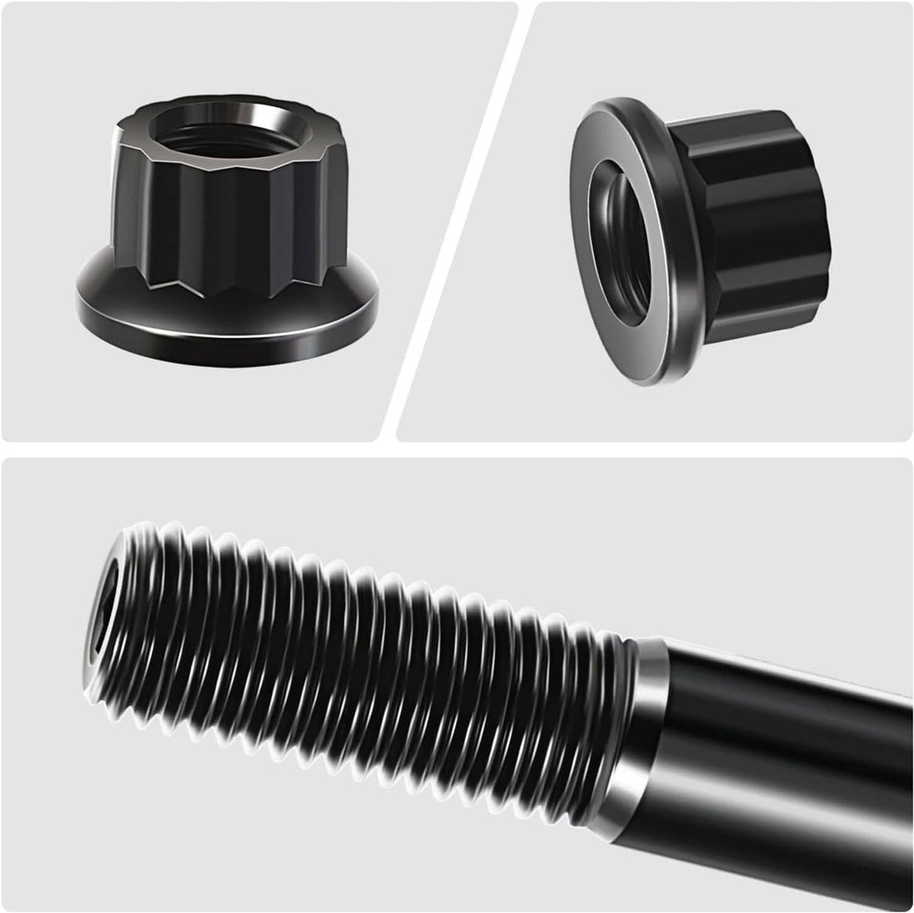 Black head stud parts: hex flange nut and threaded stud with protective finish