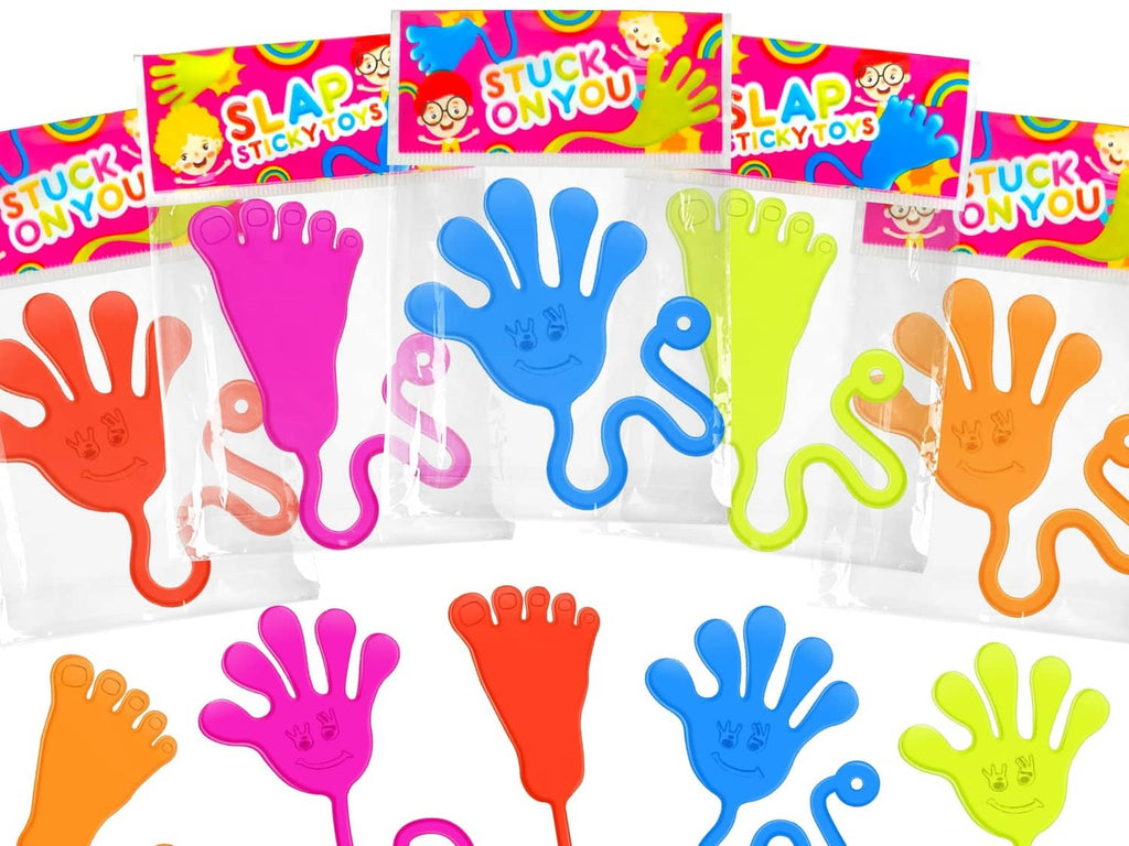 Assorted colorful sticky hand toys: red, orange, yellow-green, blue, and pink