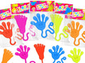 Assorted colorful sticky hand toys: red, orange, yellow-green, blue, and pink