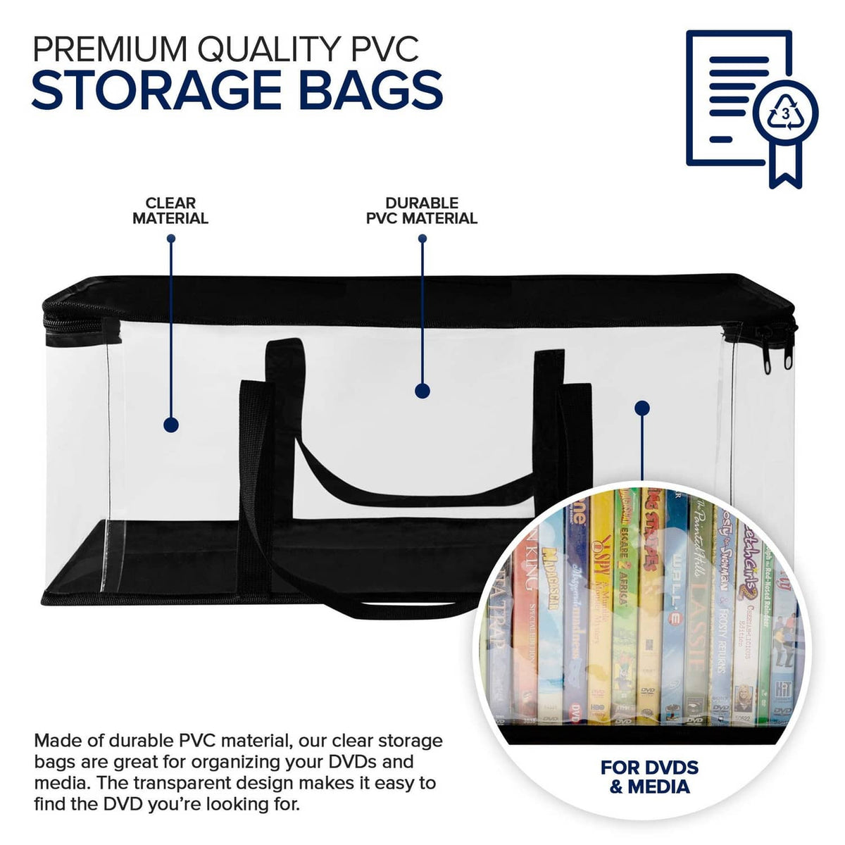 Black PVC media storage bag with clear window panels and carry handles