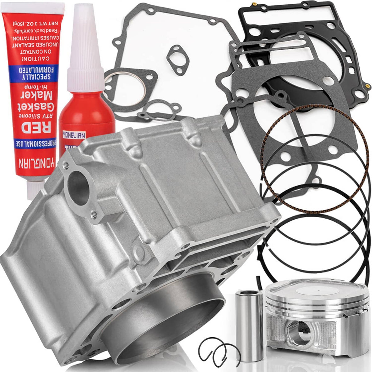Top end cylinder kit with piston rings, gaskets, cylinder components, and adhesive tube