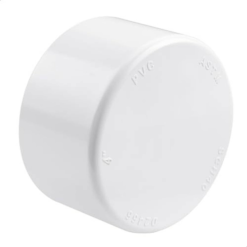 White PVC pipe end cap plug with smooth round surface and recessed interior