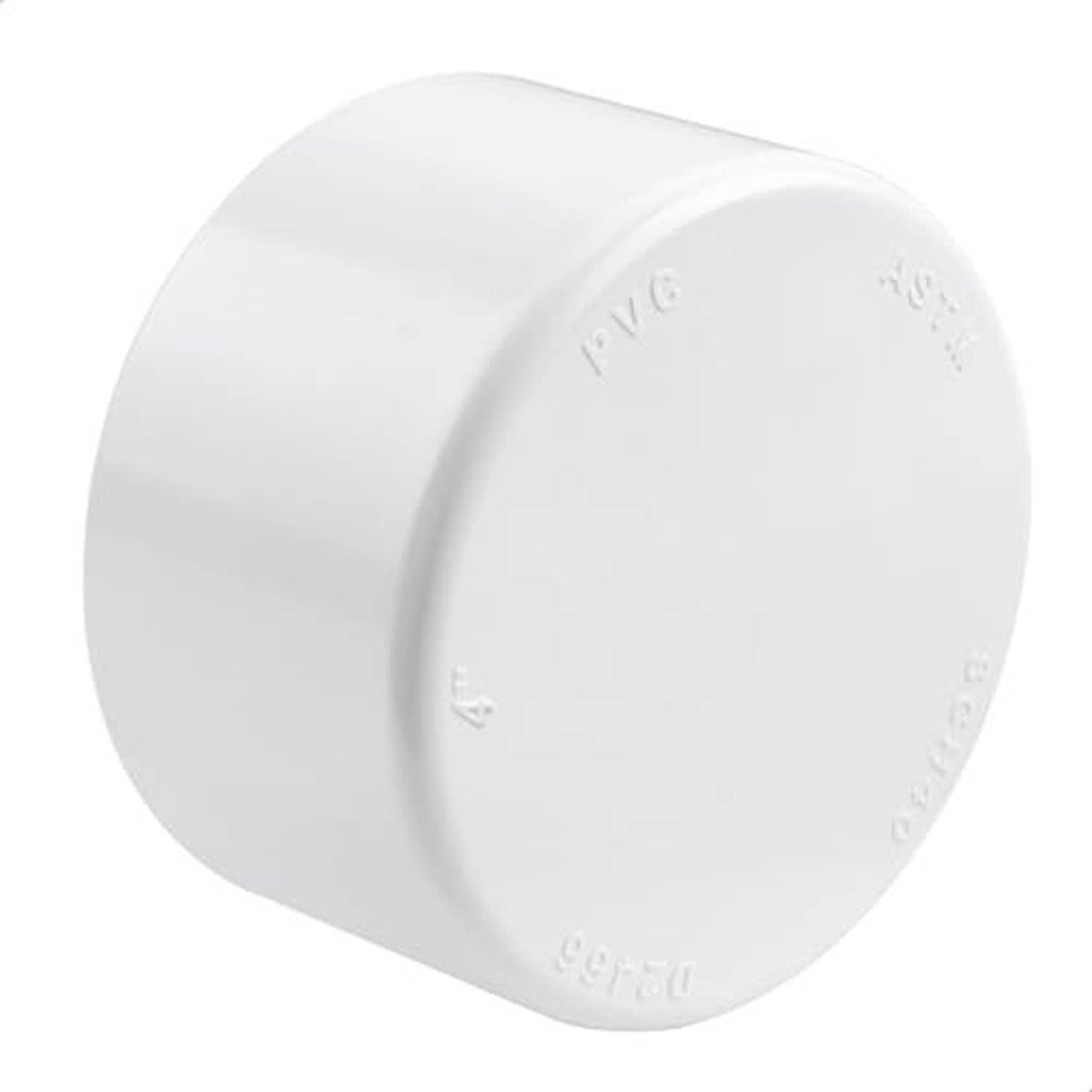 White PVC pipe end cap plug with smooth round surface and recessed interior