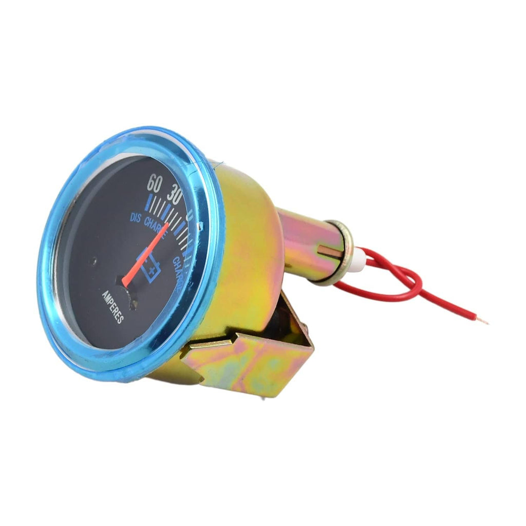 Amp gauge meter with blue bezel and attached red wires plus rainbow mounting bracket