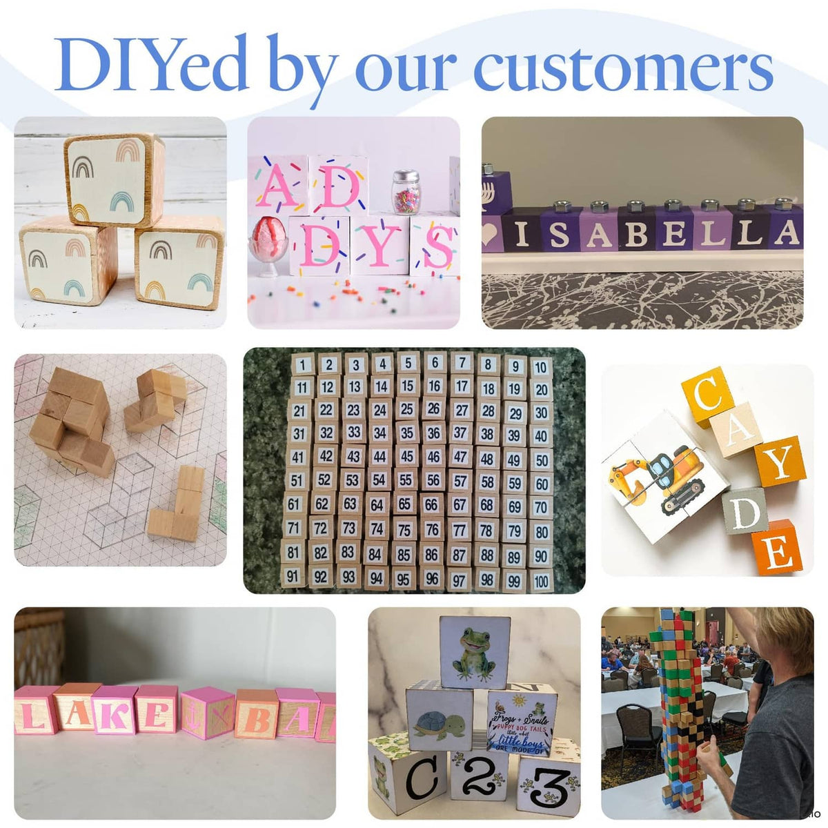 Assorted wooden cube block crafts, including letter blocks and stacked cube structures