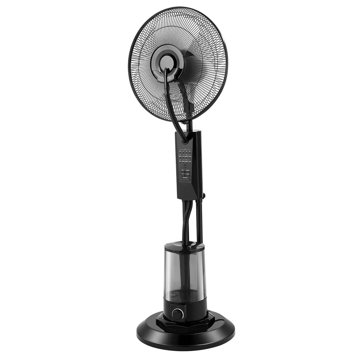 Compact side view of black standing misting fan with transparent tank and base