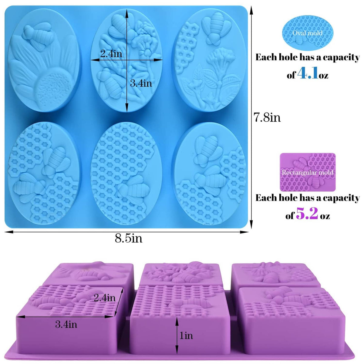 Honeycomb bee soap molds with oval and rectangular cavities in blue silicone