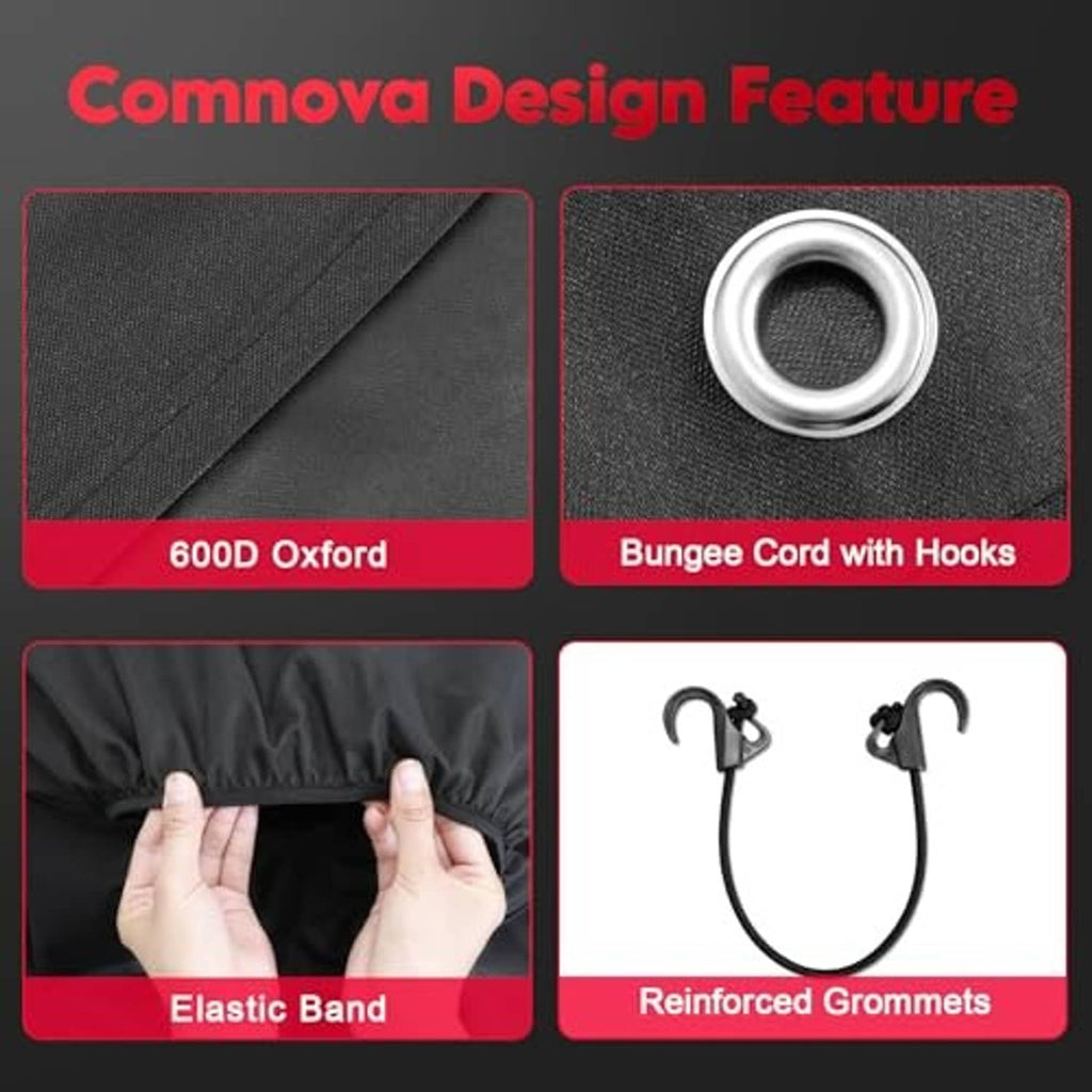 Black RV tire cover with bungee hooks, elastic band, and reinforced grommets