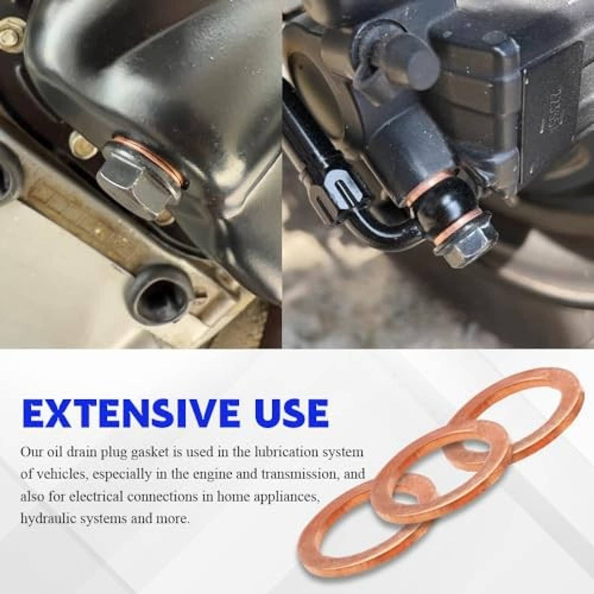 Two copper oil drain plug crush washers with round center hole, sealing discs