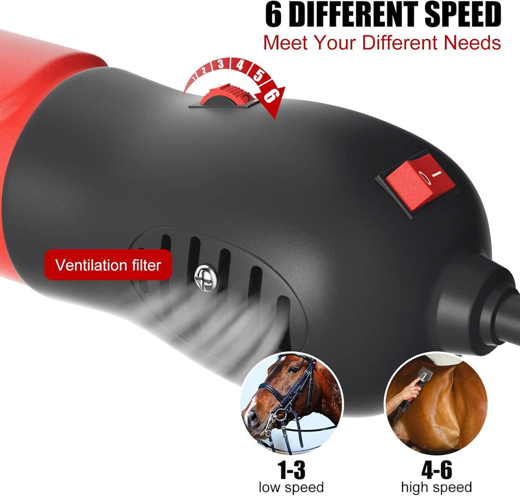 Red-and-black horse clipper with 6-speed dial, ventilation filter, and power switch