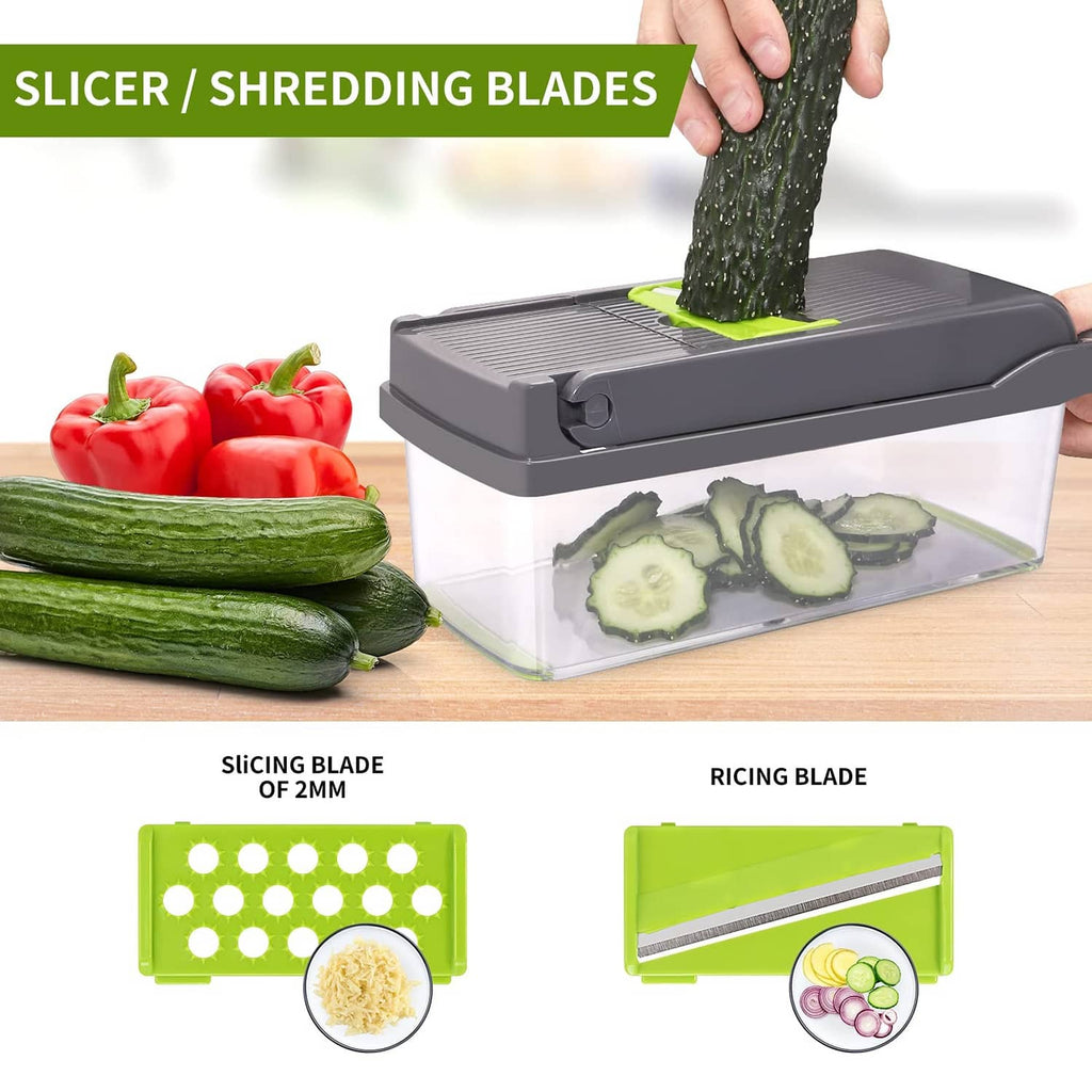 Vegetable chopper slicing unit with zucchini and cucumber; green slicing and ricing blade options