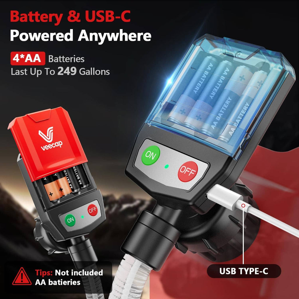 Red and black cordless fuel transfer pump with USB-C port and AA battery slot