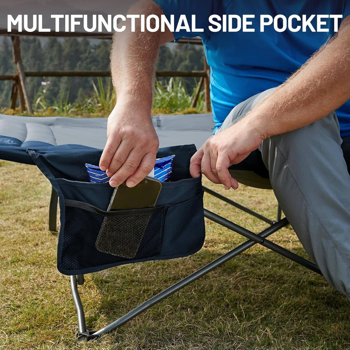 Camping cot with multifunctional side pocket on blue frame and gray sleeping surface