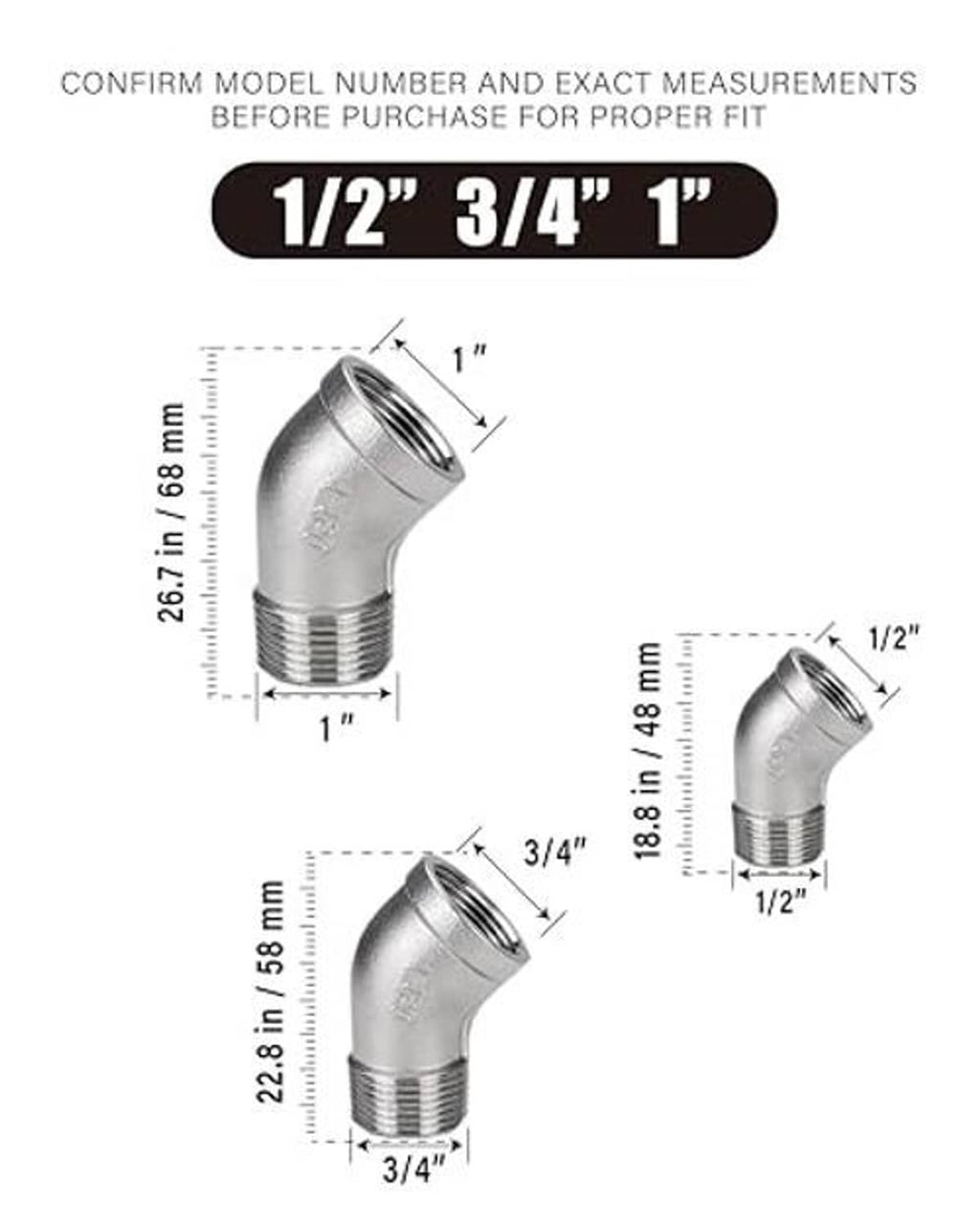 304 stainless steel 45-degree elbow pipe fitting dimensions diagram with NPT thread sizes