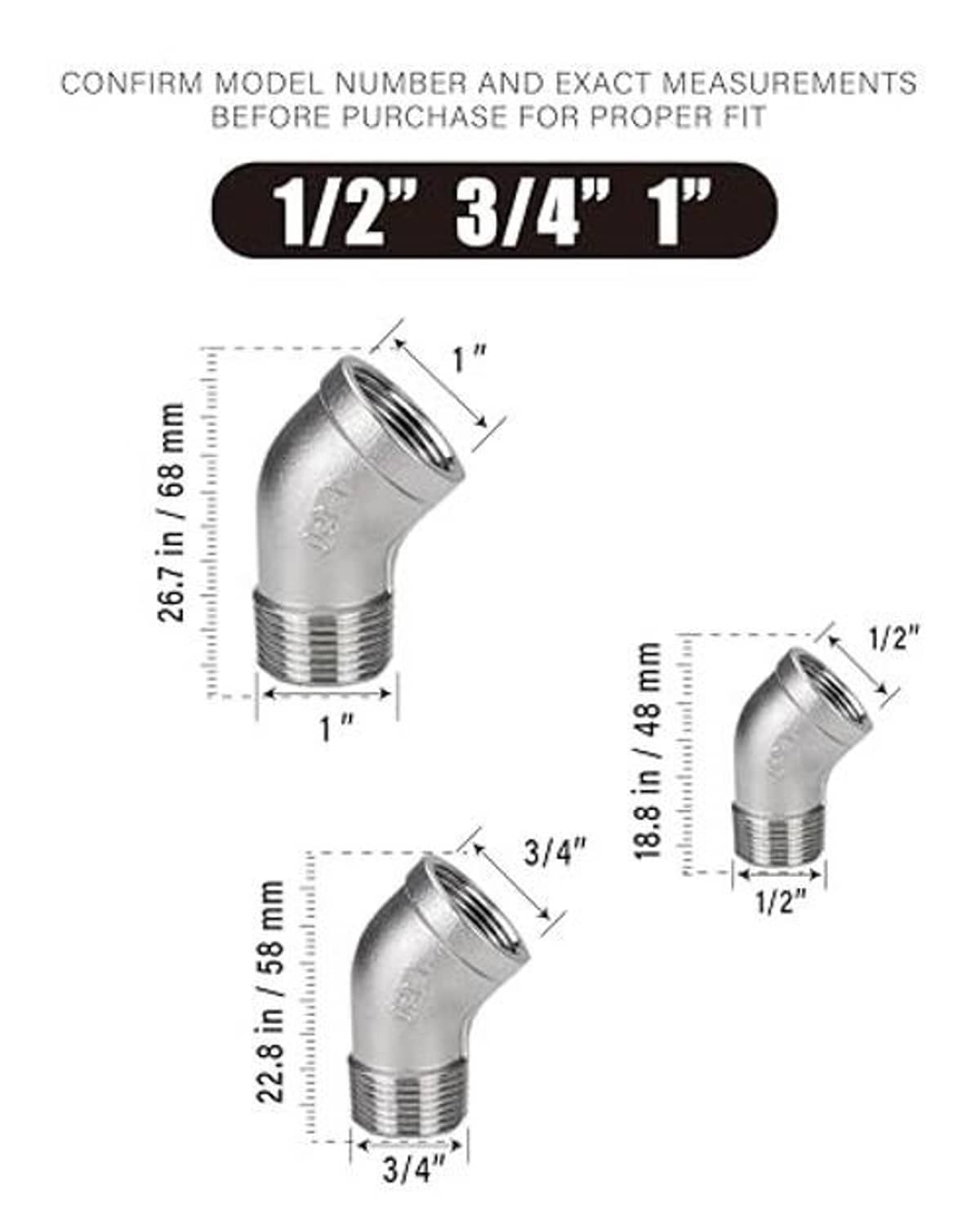 304 stainless steel 45-degree elbow pipe fitting dimensions diagram with NPT thread sizes
