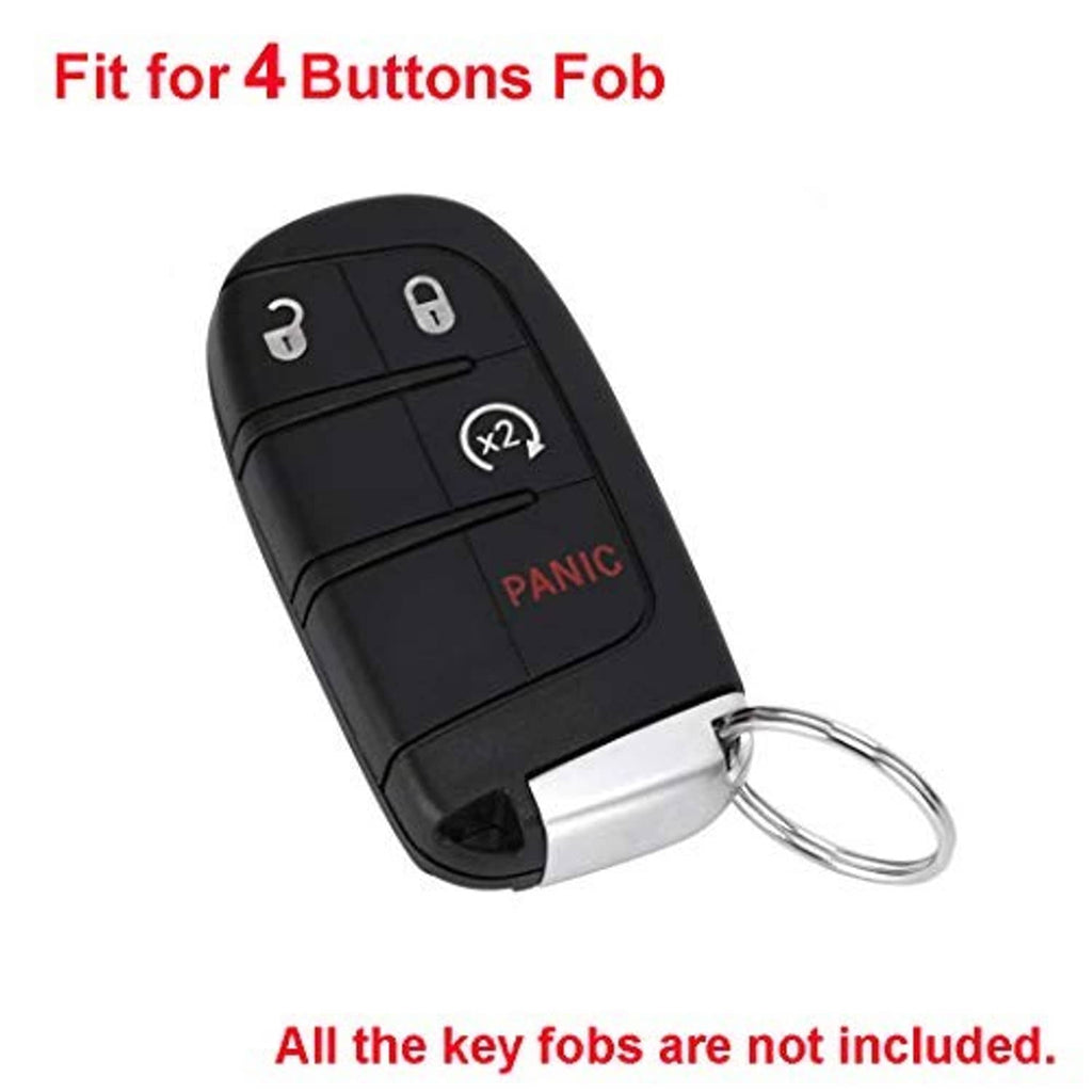 Black silicone key fob cover with keyring attached; shows lock, unlock, x2, and red PANIC icons