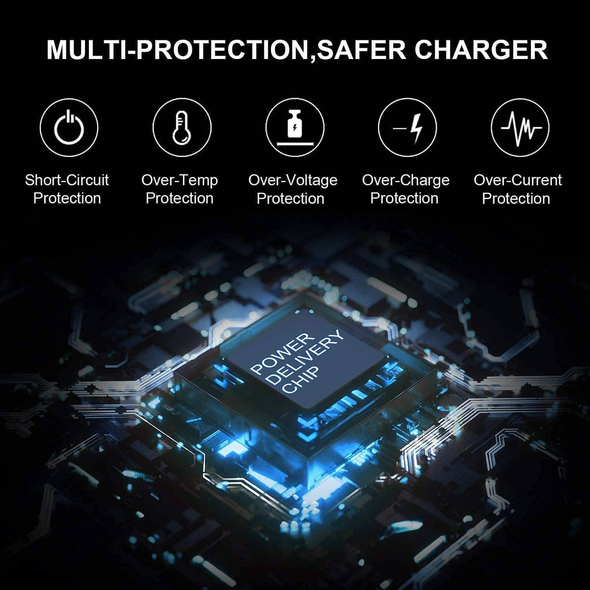 Multi-protection charger graphic with circuit board and short-circuit over-voltage icons