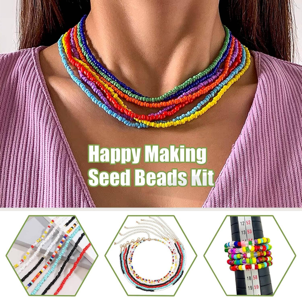 Colorful multi-strand seed bead necklace on a model, layered around the neck