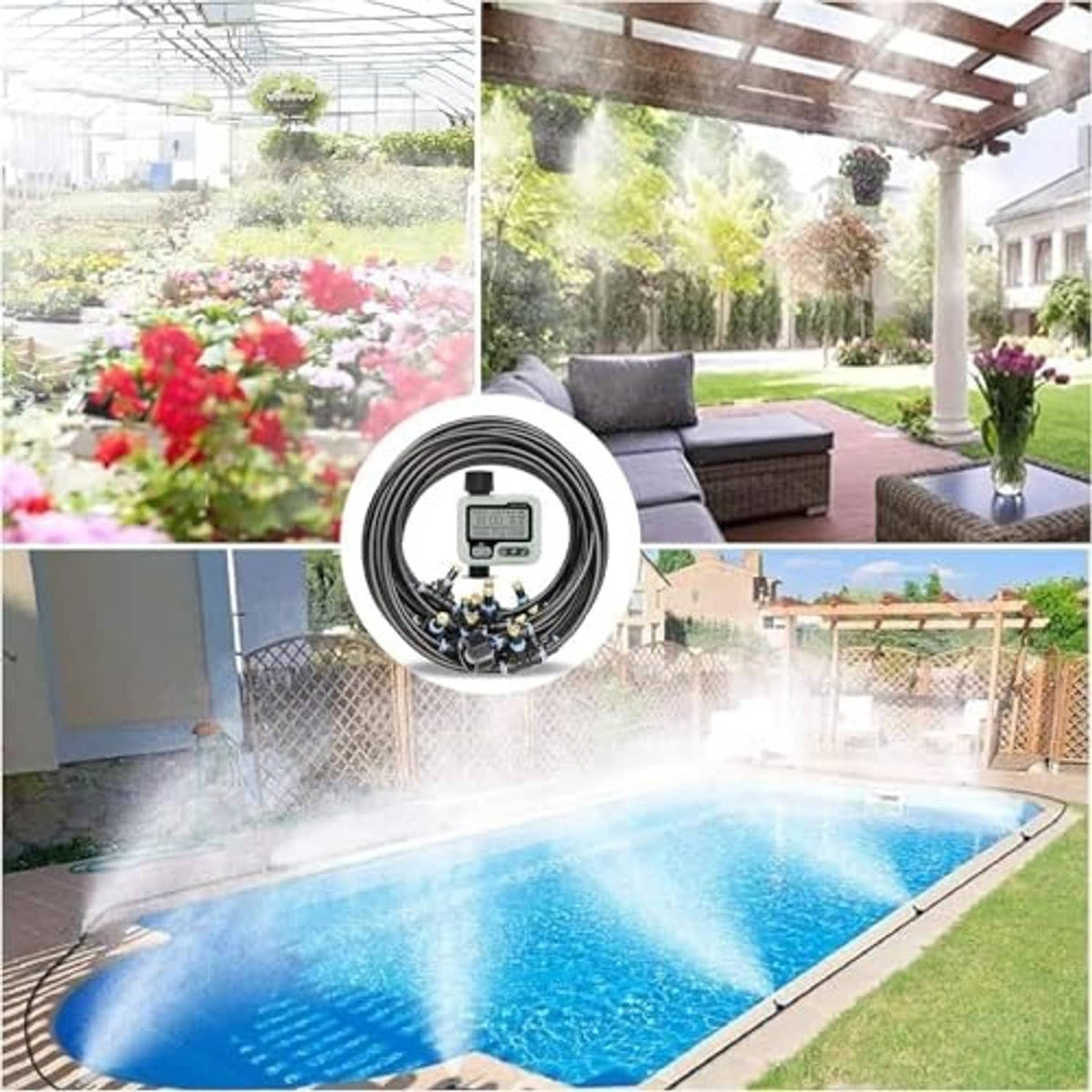Outdoor misting system mounted above garden seating and near a swimming pool